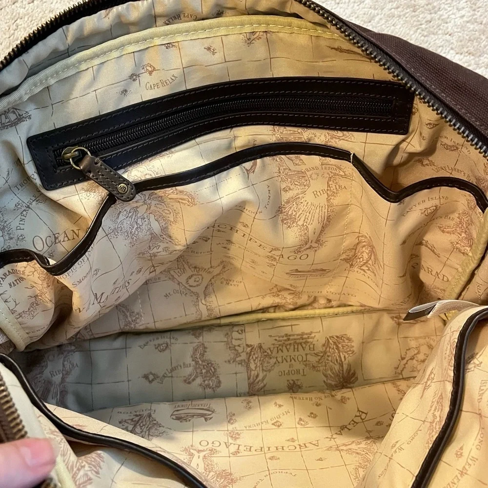 Tommy Bahama Tobago Briefcase Laptop Bag Canvas & Leather Carry Strap Map Lining